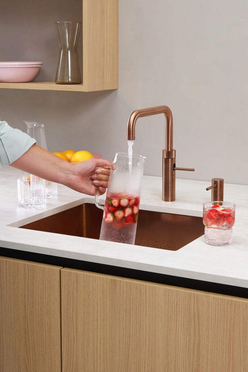 2228 Fusion Square Rose Copper Light Wooden Setting Sparkling water Strawberries