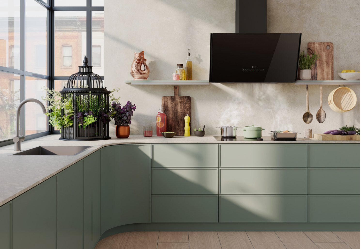 NEFF glanzende schuine afzuigkap uit de N70-serie in een moderne keuken